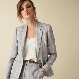 Reiss WILLOW JACKET CHECKED TAILORED BLAZER GREY